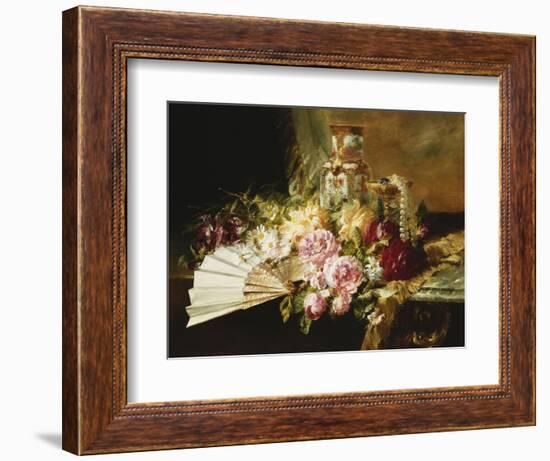 A Fan with Roses, Daisies and a Famille Rose Vase on a Draped Table-Pierre Garnier-Framed Giclee Print