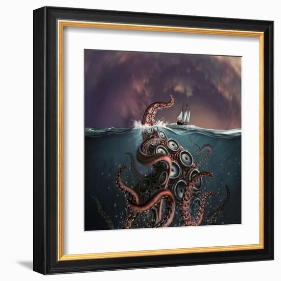 A Fantastical Depiction of the Legendary Kraken-null-Framed Art Print