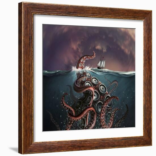 A Fantastical Depiction of the Legendary Kraken-null-Framed Art Print