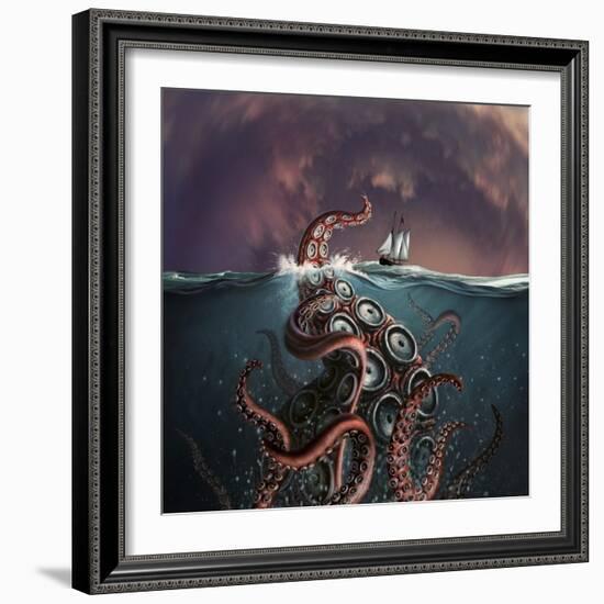 A Fantastical Depiction of the Legendary Kraken-null-Framed Art Print