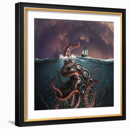 A Fantastical Depiction of the Legendary Kraken-null-Framed Art Print