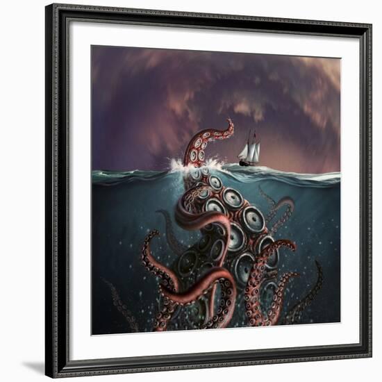 A Fantastical Depiction of the Legendary Kraken-null-Framed Art Print