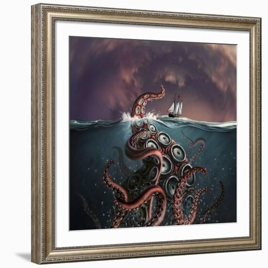 A Fantastical Depiction of the Legendary Kraken-null-Framed Art Print