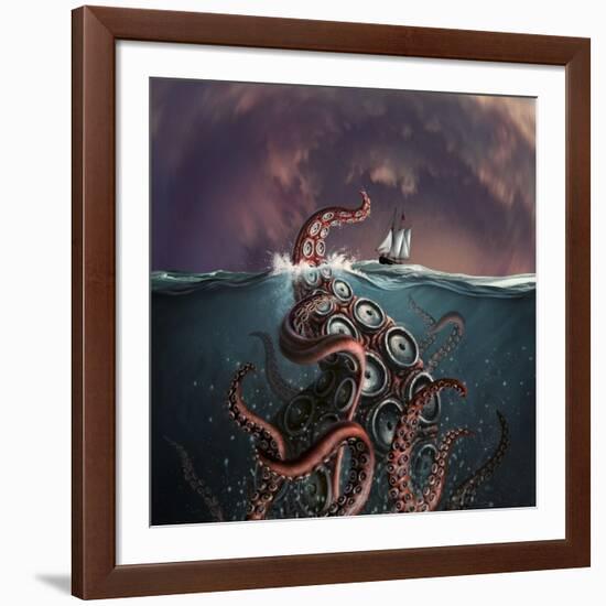 A Fantastical Depiction of the Legendary Kraken-null-Framed Art Print