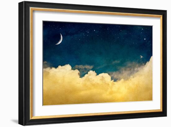 A Fantasy Cloudscape with Stars and a Crescent Moon Overlaid with a Vintage, Textured Watercolor Pa-David M Schrader-Framed Photographic Print