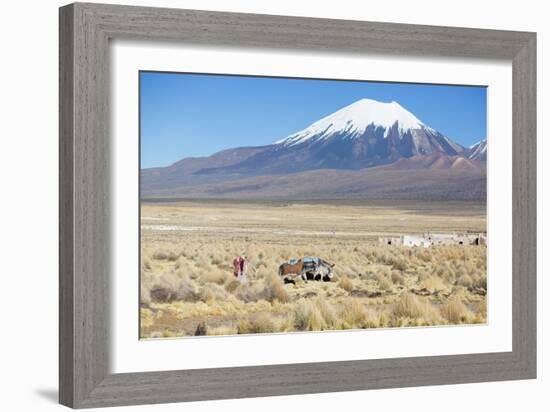 A Farmer Crosses a Landscape Below a Volcano in Sajama National Park-Alex Saberi-Framed Photographic Print