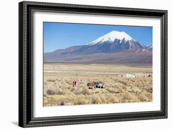 A Farmer Crosses a Landscape Below a Volcano in Sajama National Park-Alex Saberi-Framed Photographic Print