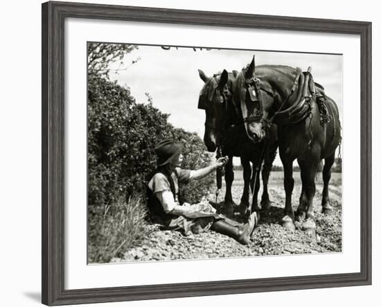 A Farmer Takes a Break with His 2 Horses after Ploughing His Field, 1934-null-Framed Photographic Print