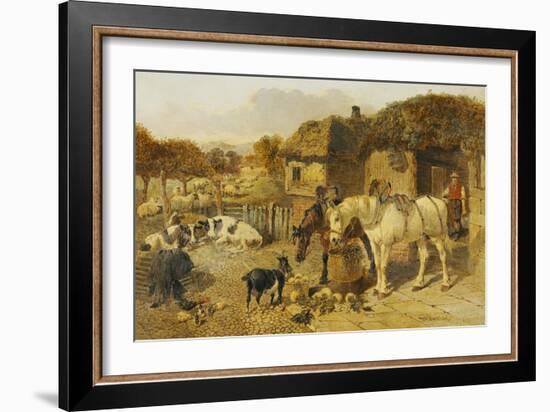 A Farmyard Scene with Plough Horses, Ducks, Cows-John Frederick Herring I-Framed Giclee Print
