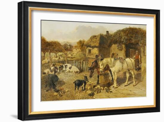 A Farmyard Scene with Plough Horses, Ducks, Cows-John Frederick Herring I-Framed Giclee Print