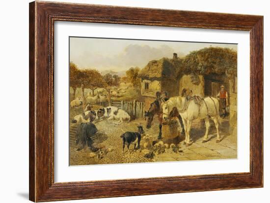 A Farmyard Scene with Plough Horses, Ducks, Cows-John Frederick Herring I-Framed Giclee Print