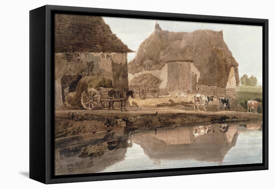 A Farmyard with Cattle and Poultry and Labourers Unloading Hay-Thomas Girtin-Framed Premier Image Canvas