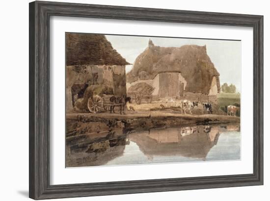 A Farmyard with Cattle and Poultry and Labourers Unloading Hay-Thomas Girtin-Framed Giclee Print