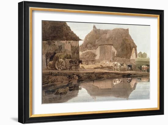 A Farmyard with Cattle and Poultry and Labourers Unloading Hay-Thomas Girtin-Framed Giclee Print