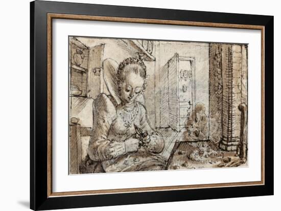 A Fashionable Young Woman Sits at a Kitchen Table to Shell Walnuts-Crispin I De Passe-Framed Giclee Print