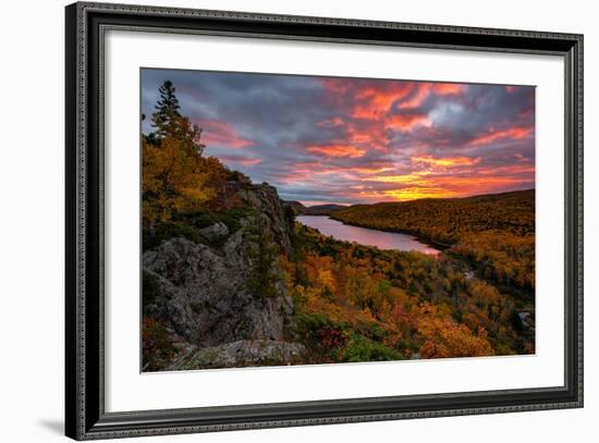 A Fiery Sunrise over Lake of the Clouds, Porcupine Mountains Sate Park. Michigan's Upper Peninsula-John McCormick-Framed Photographic Print