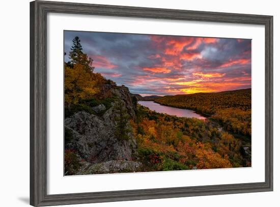 A Fiery Sunrise over Lake of the Clouds, Porcupine Mountains Sate Park. Michigan's Upper Peninsula-John McCormick-Framed Photographic Print