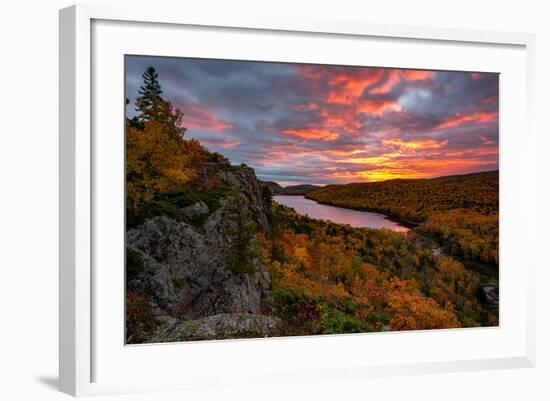 A Fiery Sunrise over Lake of the Clouds, Porcupine Mountains Sate Park. Michigan's Upper Peninsula-John McCormick-Framed Photographic Print