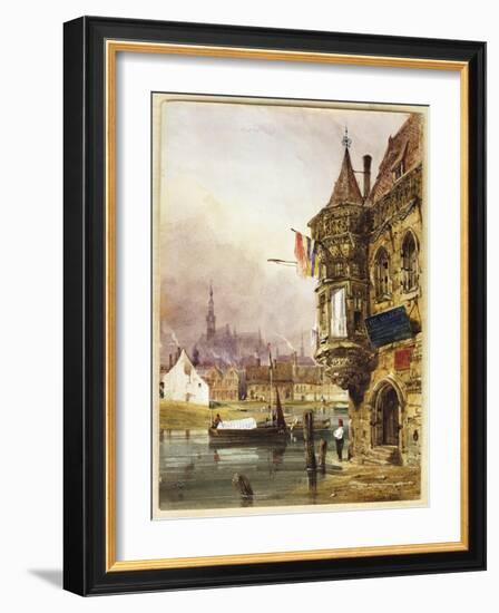 A Figure Beside a Building, Ghent, with Barges on the River Leye Beyond, 1833-Thomas Shotter Boys-Framed Giclee Print