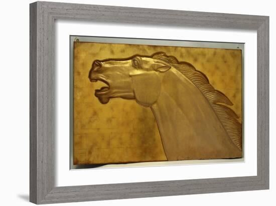 A fine golden lacquered and carved panel deeply carved in intaglio with the head of a stallion-Jean Dunand-Framed Giclee Print