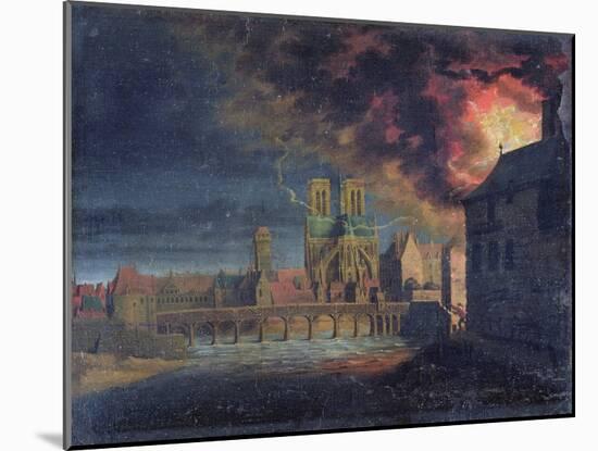 A Fire on the Ile Saint-Louis, C.1635 (Oil on Canvas)-French School-Mounted Giclee Print