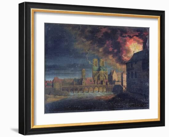 A Fire on the Ile Saint-Louis, C.1635 (Oil on Canvas)-French School-Framed Giclee Print