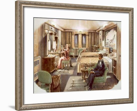 A First Class Cabin Aboard the RMS Caronia, from a Promotional Brochure, 1947-null-Framed Giclee Print