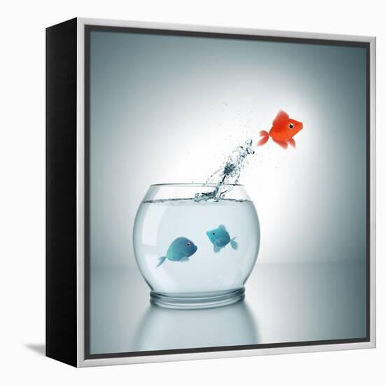 A Fishbowl With A Red Fish Jumping Out Of The Water-magann-Framed Premier Image Canvas