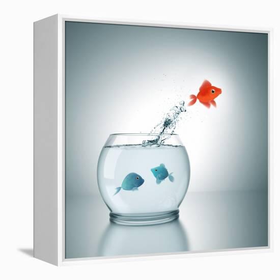 A Fishbowl With A Red Fish Jumping Out Of The Water-magann-Framed Premier Image Canvas