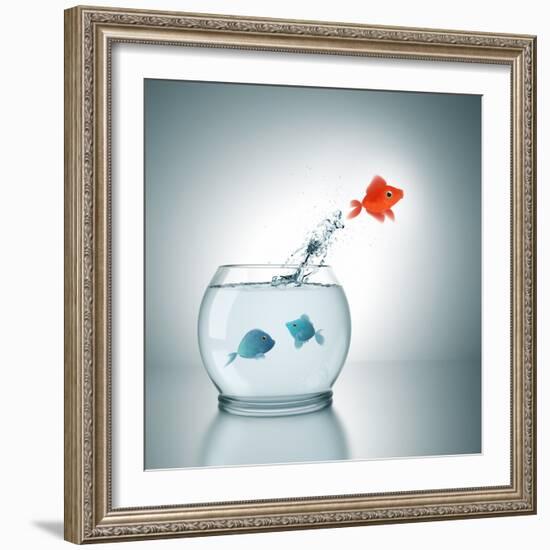 A Fishbowl With A Red Fish Jumping Out Of The Water-magann-Framed Photographic Print