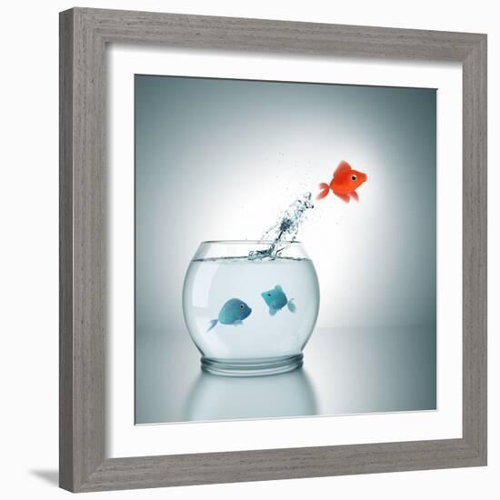 A Fishbowl With A Red Fish Jumping Out Of The Water-magann-Framed Photographic Print