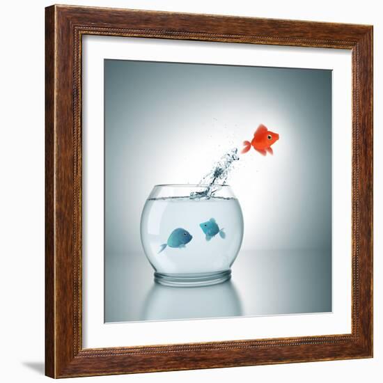 A Fishbowl With A Red Fish Jumping Out Of The Water-magann-Framed Photographic Print