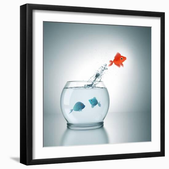 A Fishbowl With A Red Fish Jumping Out Of The Water-magann-Framed Photographic Print