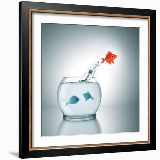 A Fishbowl With A Red Fish Jumping Out Of The Water-magann-Framed Photographic Print