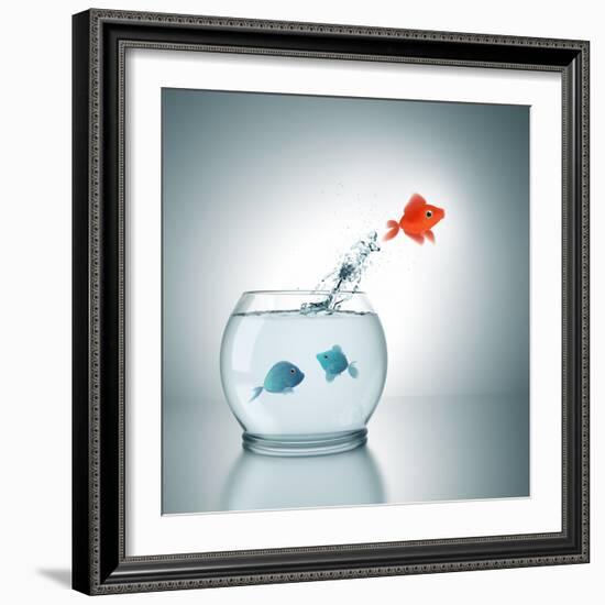 A Fishbowl With A Red Fish Jumping Out Of The Water-magann-Framed Photographic Print