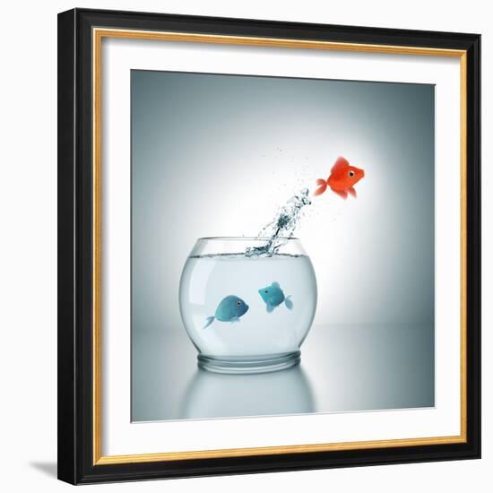 A Fishbowl With A Red Fish Jumping Out Of The Water-magann-Framed Photographic Print