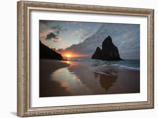 A Fisherman at Cacimba Do Padre with the Two Brothers Rock Formation at Sunset-Alex Saberi-Framed Photographic Print