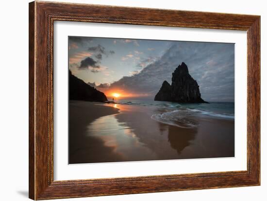 A Fisherman at Cacimba Do Padre with the Two Brothers Rock Formation at Sunset-Alex Saberi-Framed Photographic Print