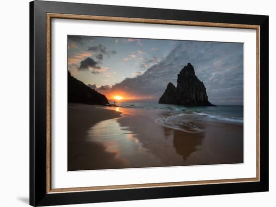 A Fisherman at Cacimba Do Padre with the Two Brothers Rock Formation at Sunset-Alex Saberi-Framed Photographic Print