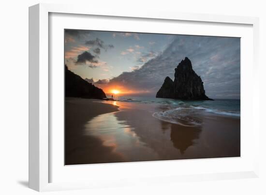 A Fisherman at Cacimba Do Padre with the Two Brothers Rock Formation at Sunset-Alex Saberi-Framed Photographic Print