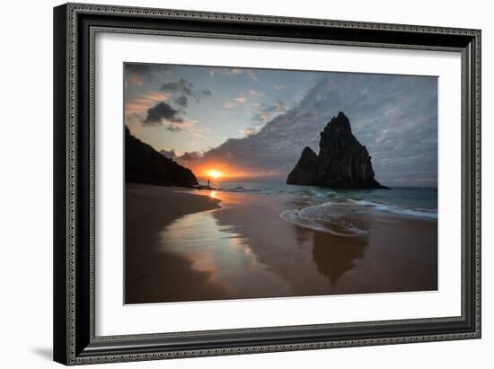 A Fisherman at Cacimba Do Padre with the Two Brothers Rock Formation at Sunset-Alex Saberi-Framed Photographic Print