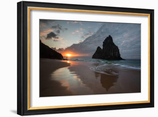 A Fisherman at Cacimba Do Padre with the Two Brothers Rock Formation at Sunset-Alex Saberi-Framed Photographic Print