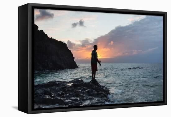 A Fisherman Casts His Line on Cacimba Do Padre Beach at Sunset-Alex Saberi-Framed Premier Image Canvas