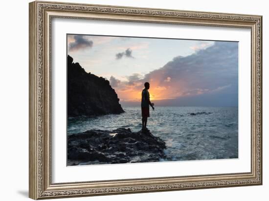 A Fisherman Casts His Line on Cacimba Do Padre Beach at Sunset-Alex Saberi-Framed Photographic Print