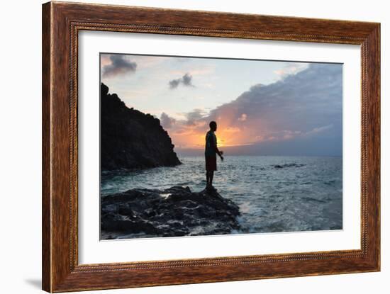 A Fisherman Casts His Line on Cacimba Do Padre Beach at Sunset-Alex Saberi-Framed Photographic Print