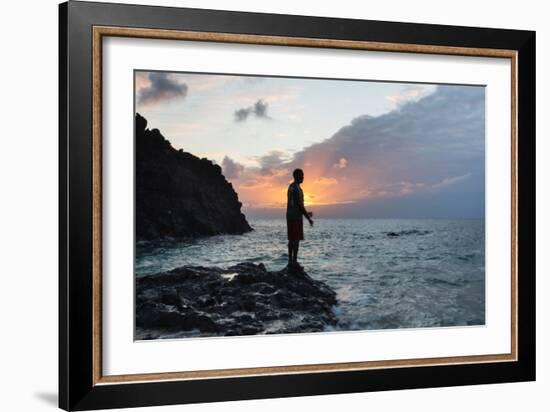 A Fisherman Casts His Line on Cacimba Do Padre Beach at Sunset-Alex Saberi-Framed Photographic Print