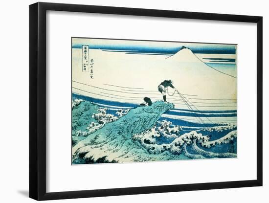 A Fisherman Standing on a Rocky Promontory at Kajikazawa in Kai Province'-Katsushika Hokusai-Framed Giclee Print