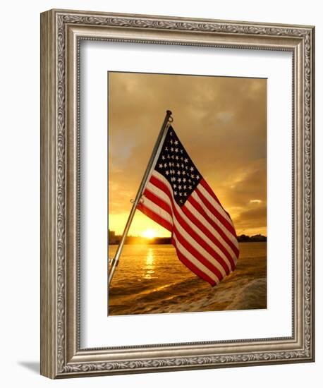 A Flag Waves Over Pearl Harbor as Dawn Breaks-null-Framed Photographic Print