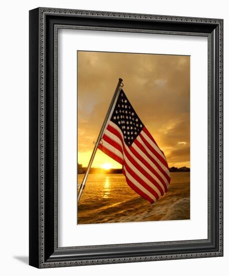 A Flag Waves Over Pearl Harbor as Dawn Breaks-null-Framed Photographic Print