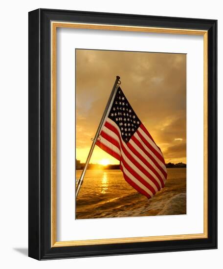 A Flag Waves Over Pearl Harbor as Dawn Breaks-null-Framed Photographic Print